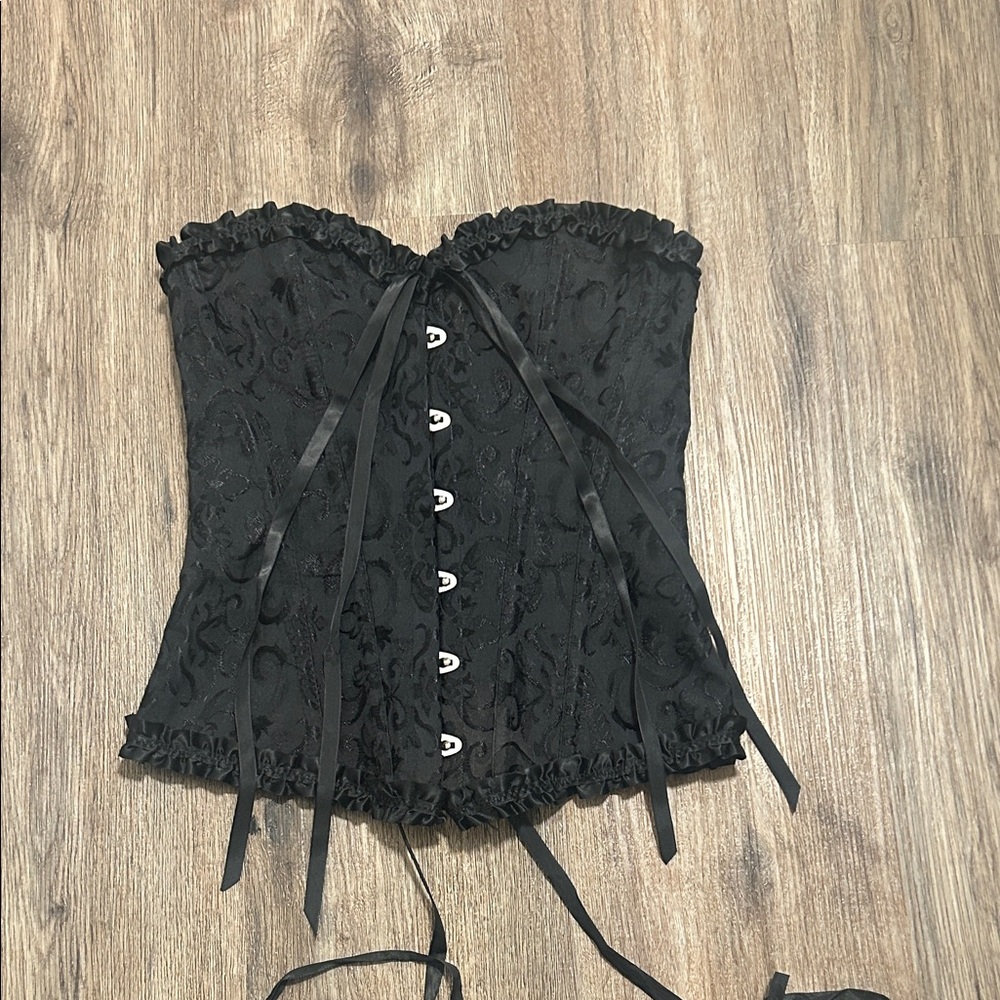 Black Floral Brocade Lace-Up Corset Top